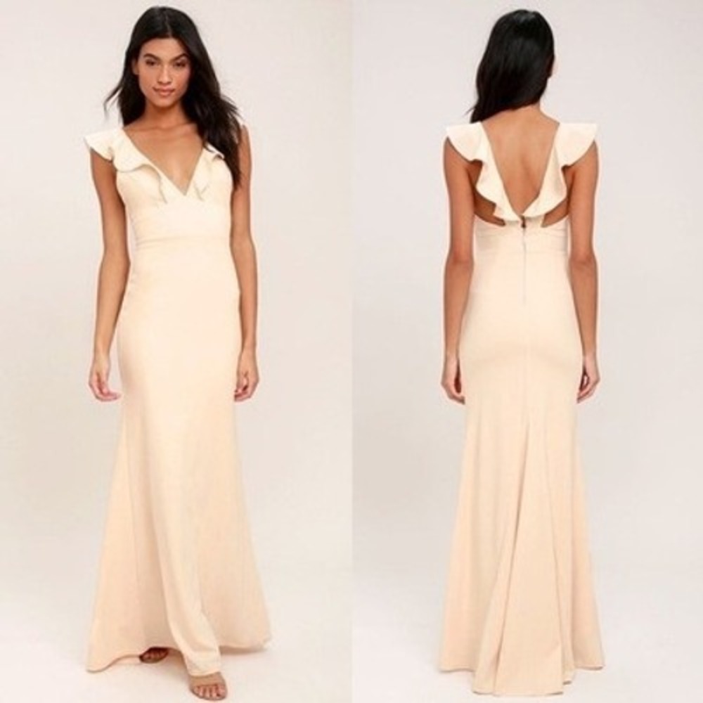 Lulus Maxi Dress Womens Small Blush Pink Madalyn‎ Ruffle V-Neck Formal Gown